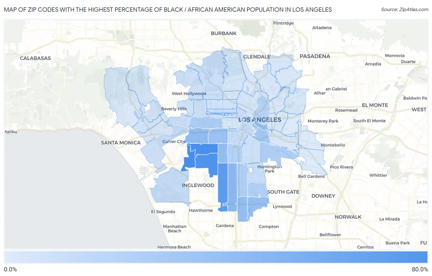 Zip Codes with the Highest Percentage of Black / African American Population in Los Angeles Map