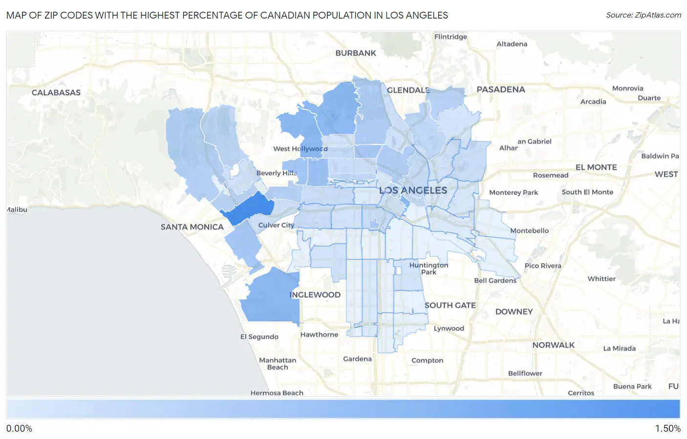 Zip Codes with the Highest Percentage of Canadian Population in Los Angeles Map