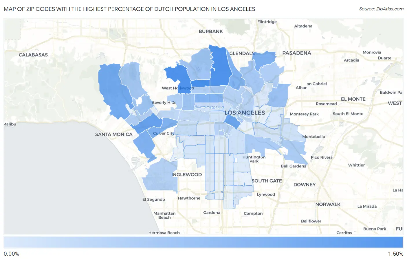 Zip Codes with the Highest Percentage of Dutch Population in Los Angeles Map