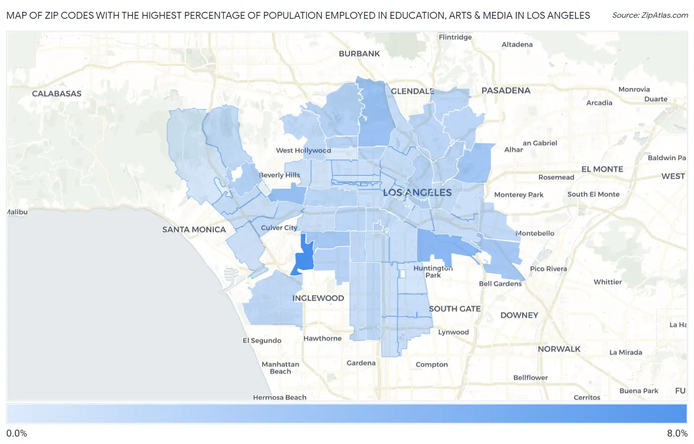Zip Codes with the Highest Percentage of Population Employed in Education, Arts & Media in Los Angeles Map