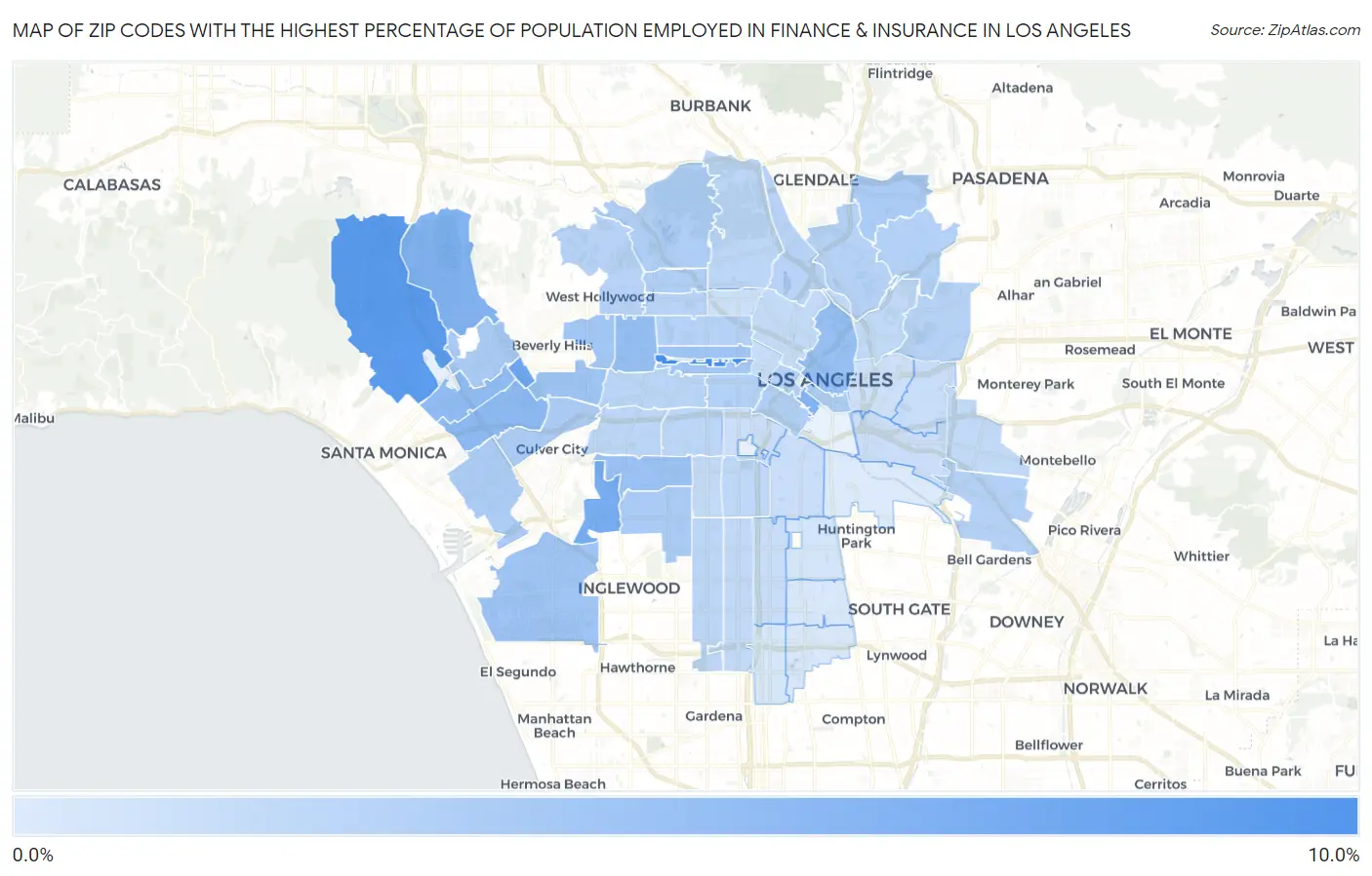 Zip Codes with the Highest Percentage of Population Employed in Finance & Insurance in Los Angeles Map