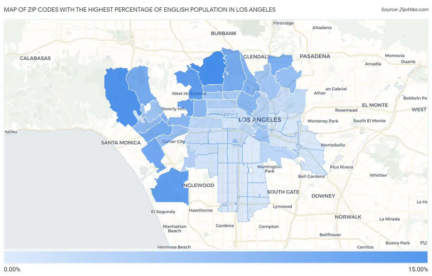 Zip Codes with the Highest Percentage of English Population in Los Angeles Map