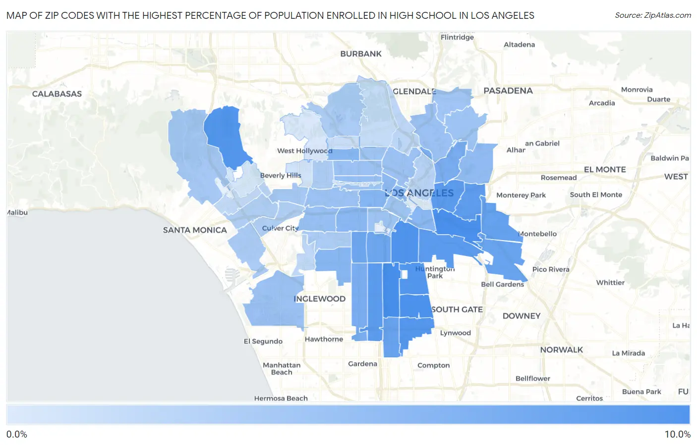 Zip Codes with the Highest Percentage of Population Enrolled in High School in Los Angeles Map