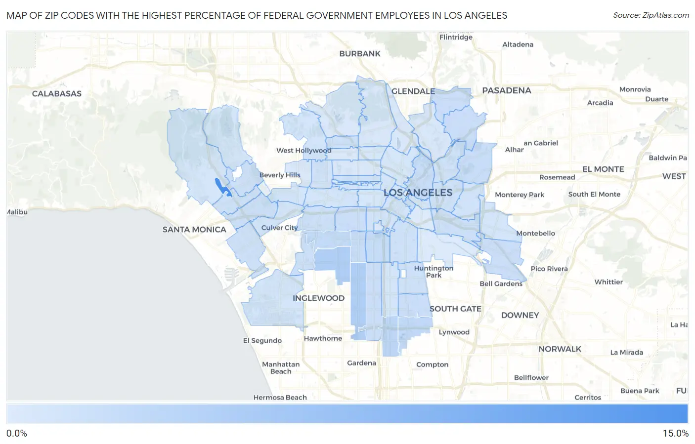 Zip Codes with the Highest Percentage of Federal Government Employees in Los Angeles Map