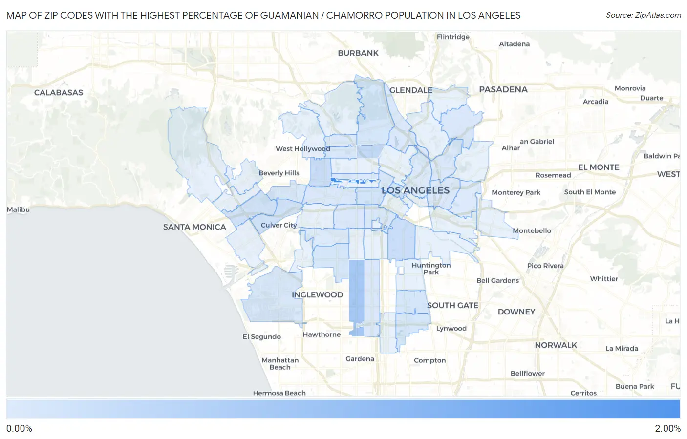 Zip Codes with the Highest Percentage of Guamanian / Chamorro Population in Los Angeles Map