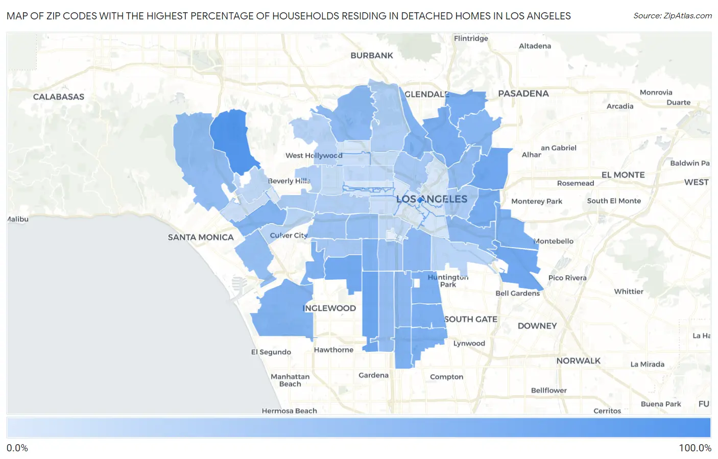 Zip Codes with the Highest Percentage of Households Residing in Detached Homes in Los Angeles Map