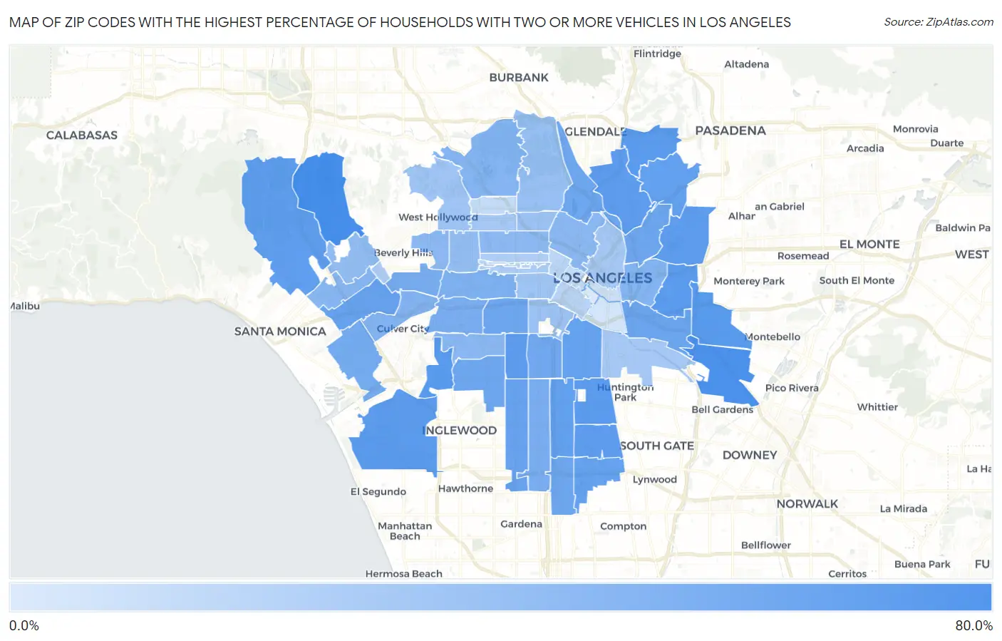 Zip Codes with the Highest Percentage of Households With Two or more Vehicles in Los Angeles Map