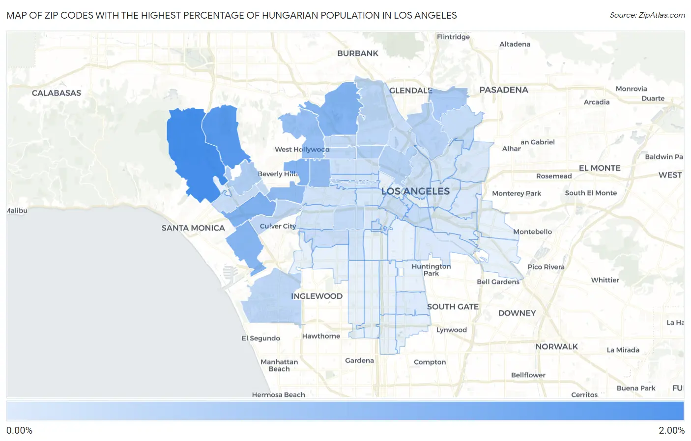 Zip Codes with the Highest Percentage of Hungarian Population in Los Angeles Map