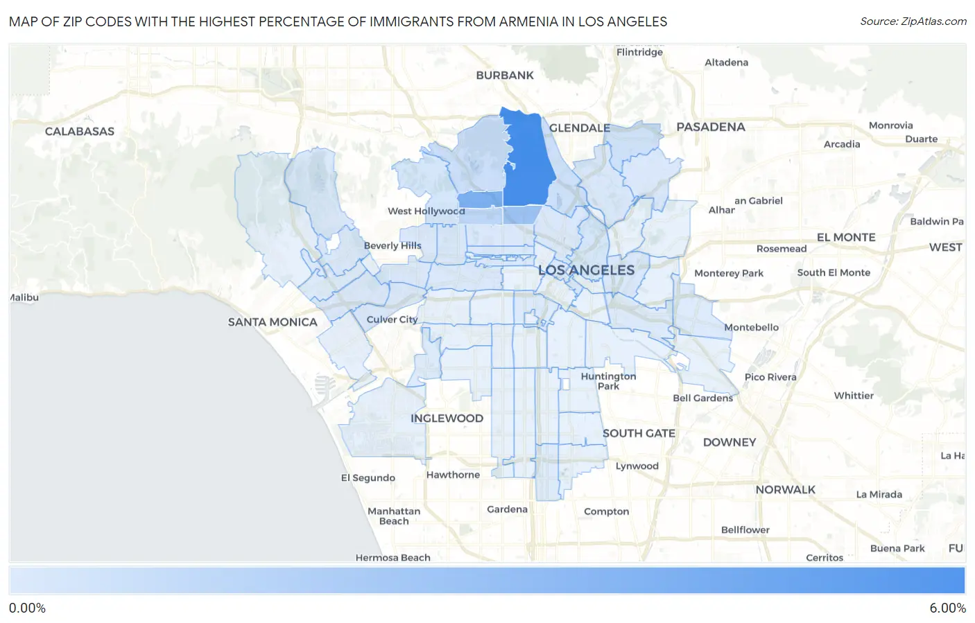 Zip Codes with the Highest Percentage of Immigrants from Armenia in Los Angeles Map