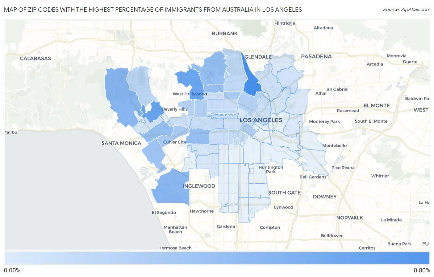 Zip Codes with the Highest Percentage of Immigrants from Australia in Los Angeles Map