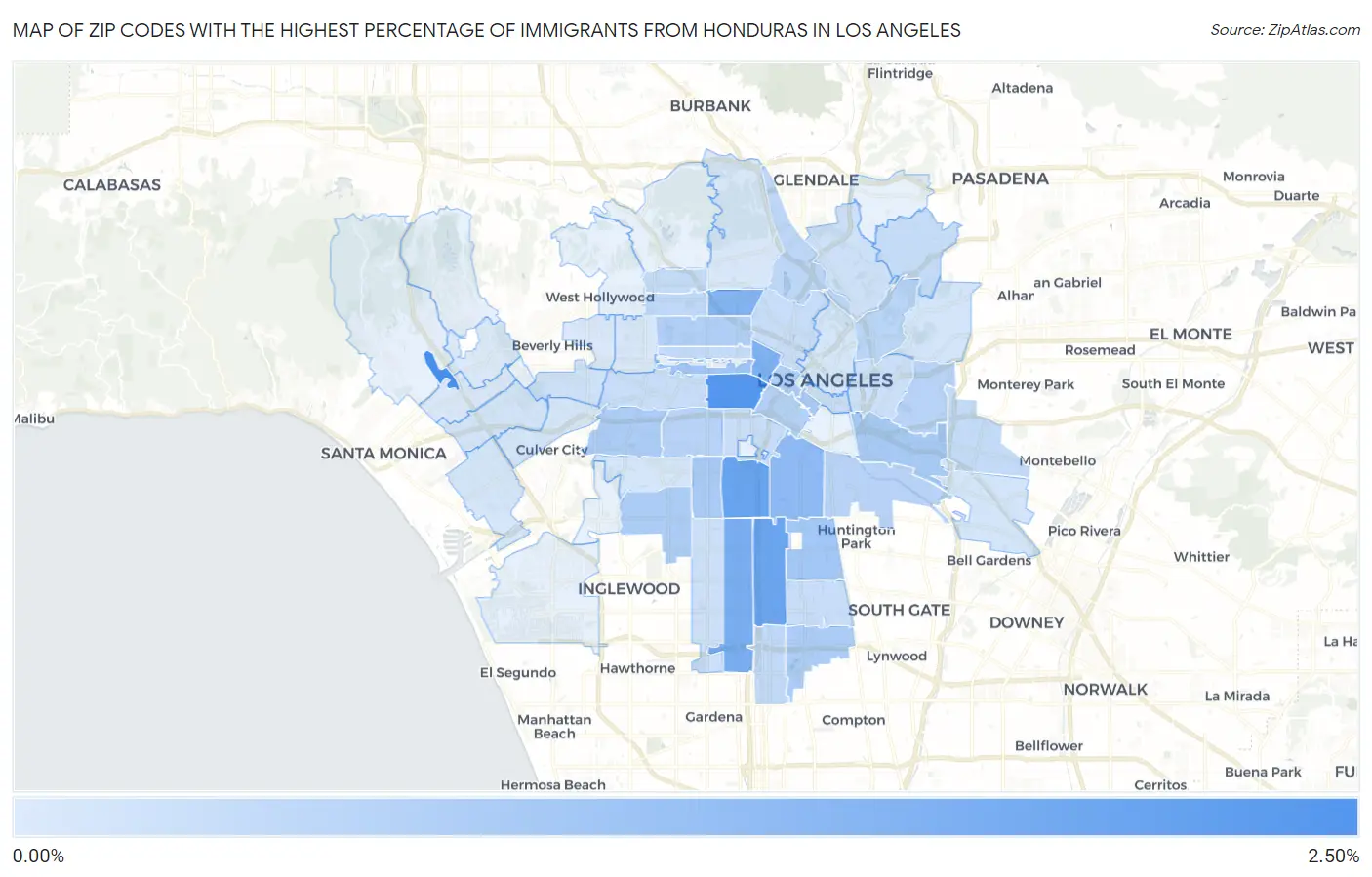 Zip Codes with the Highest Percentage of Immigrants from Honduras in Los Angeles Map