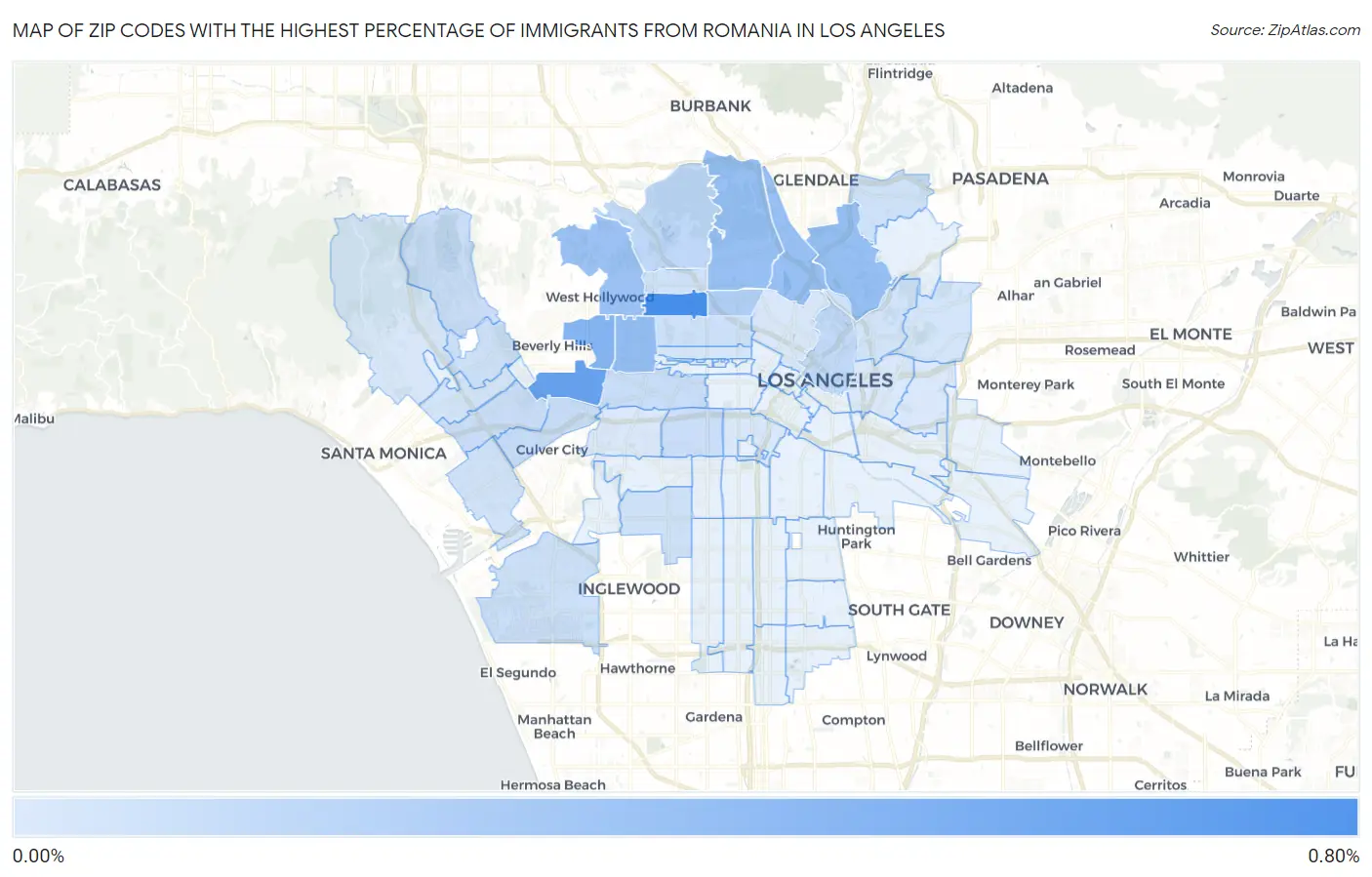 Zip Codes with the Highest Percentage of Immigrants from Romania in Los Angeles Map