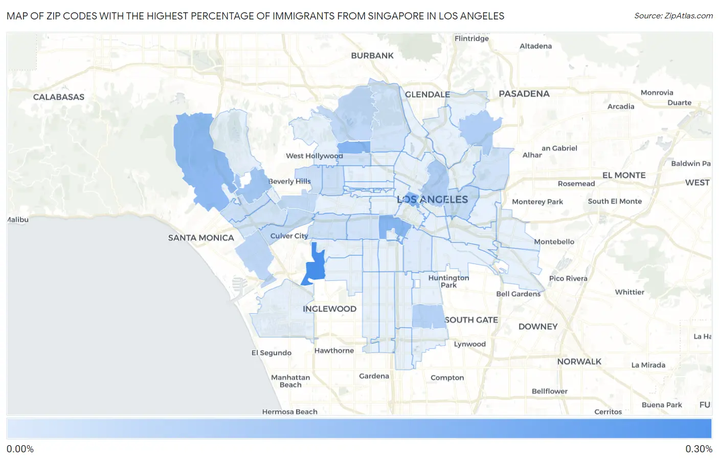 Zip Codes with the Highest Percentage of Immigrants from Singapore in Los Angeles Map