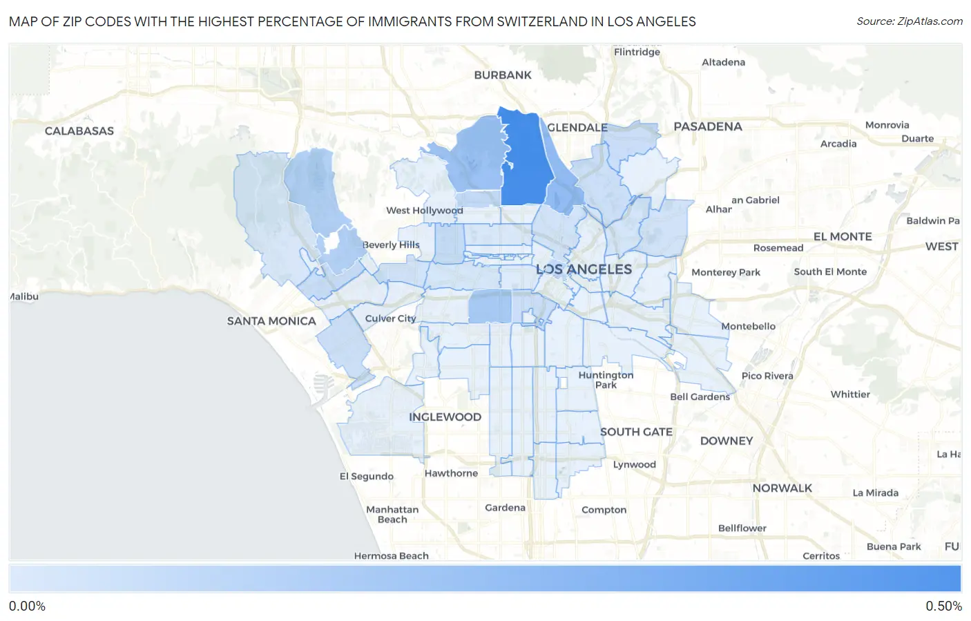 Zip Codes with the Highest Percentage of Immigrants from Switzerland in Los Angeles Map
