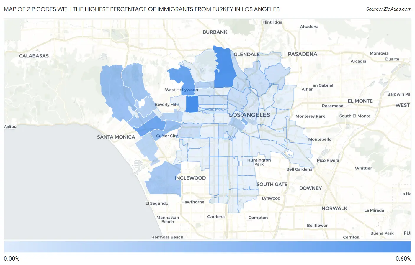 Zip Codes with the Highest Percentage of Immigrants from Turkey in Los Angeles Map