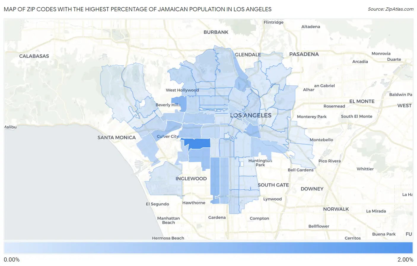 Zip Codes with the Highest Percentage of Jamaican Population in Los Angeles Map