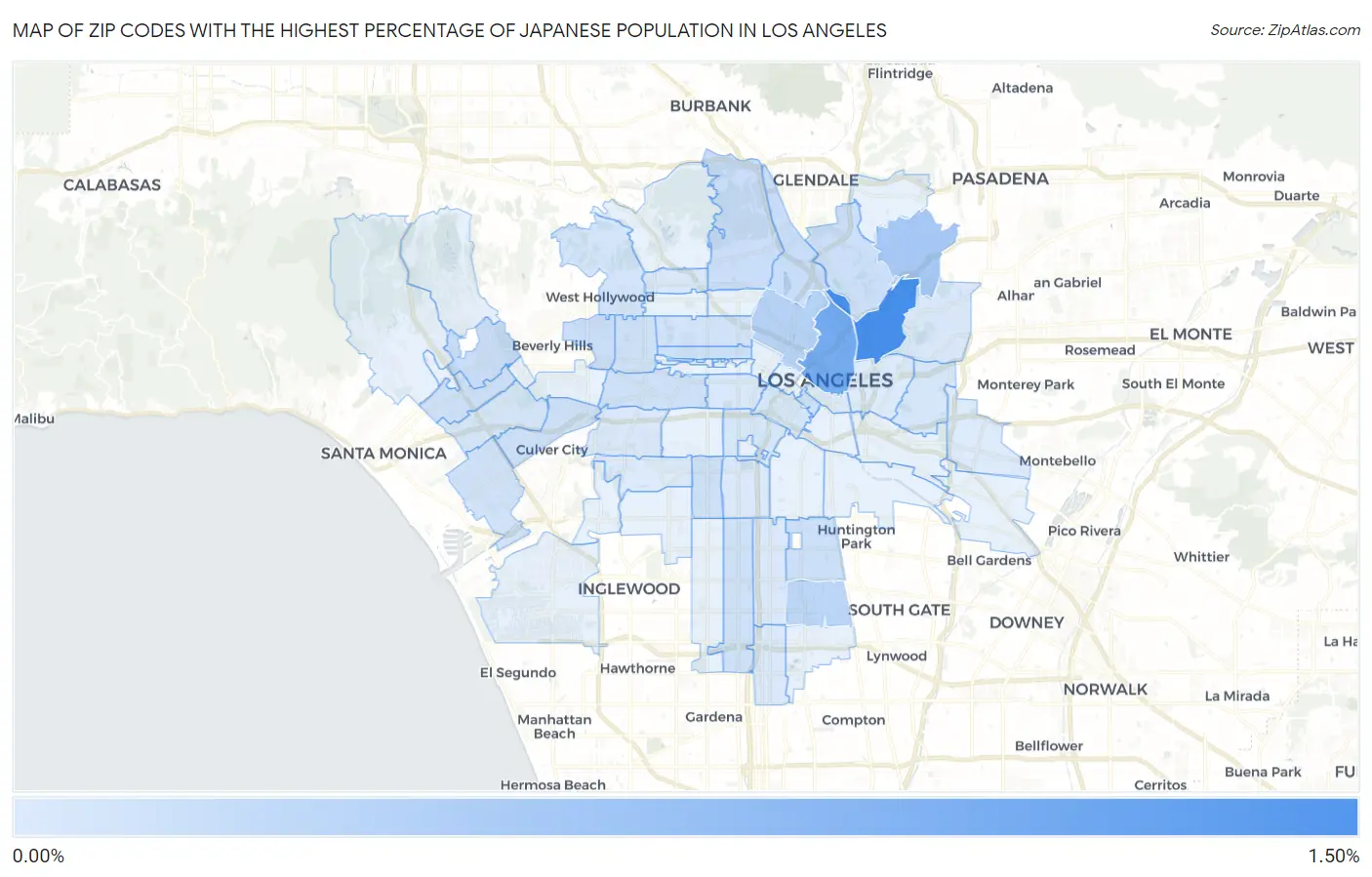 Zip Codes with the Highest Percentage of Japanese Population in Los Angeles Map