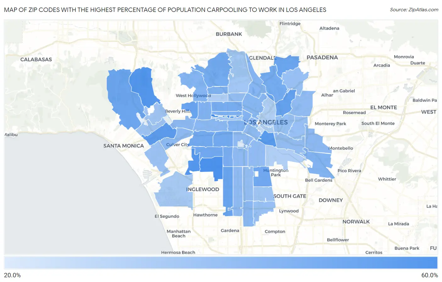 Zip Codes with the Highest Percentage of Population Carpooling to Work in Los Angeles Map