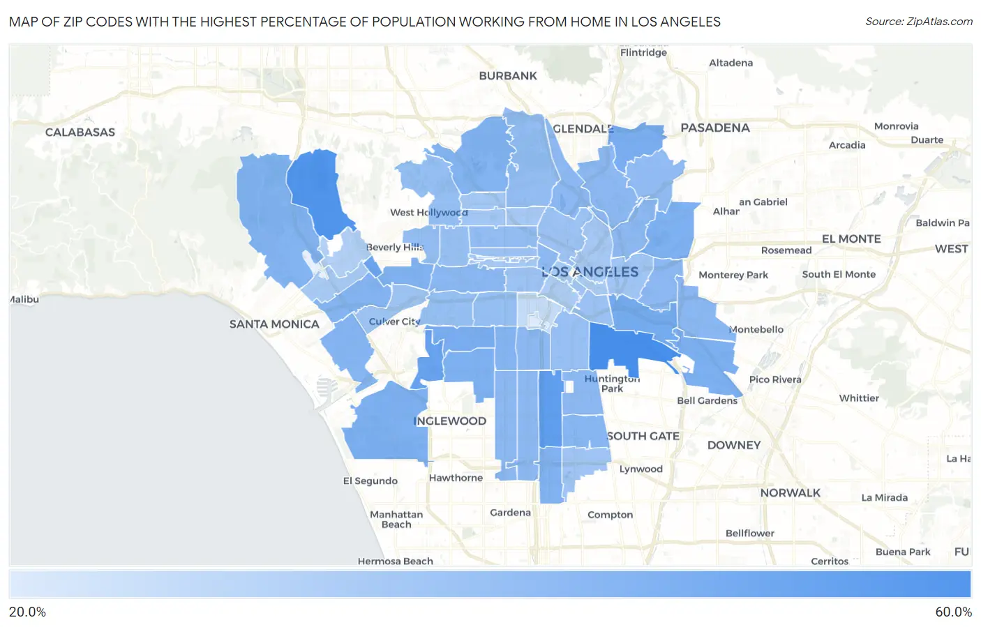 Zip Codes with the Highest Percentage of Population Working from Home in Los Angeles Map