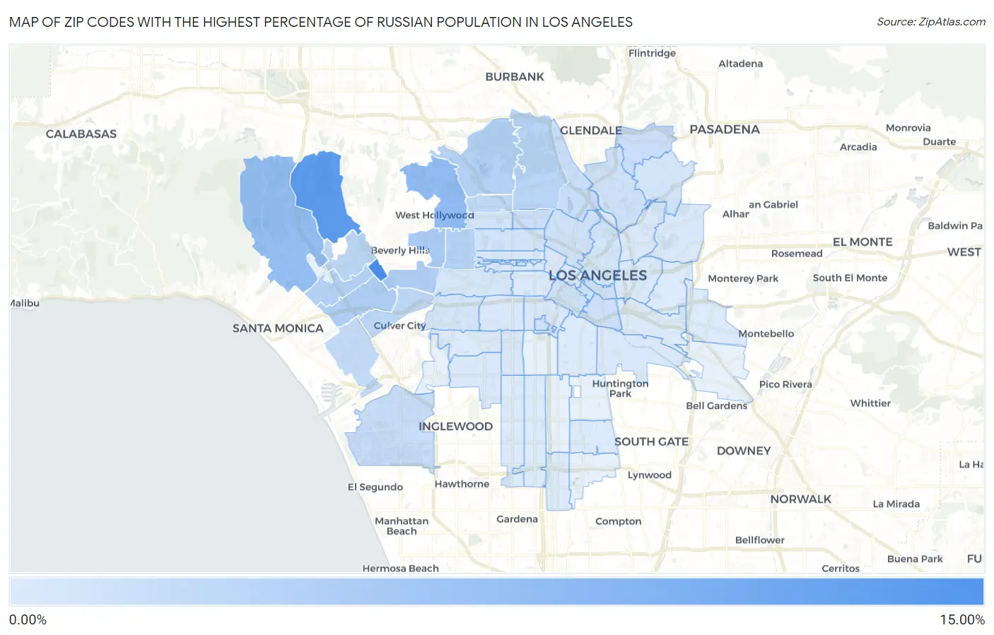 Zip Codes with the Highest Percentage of Russian Population in Los Angeles Map