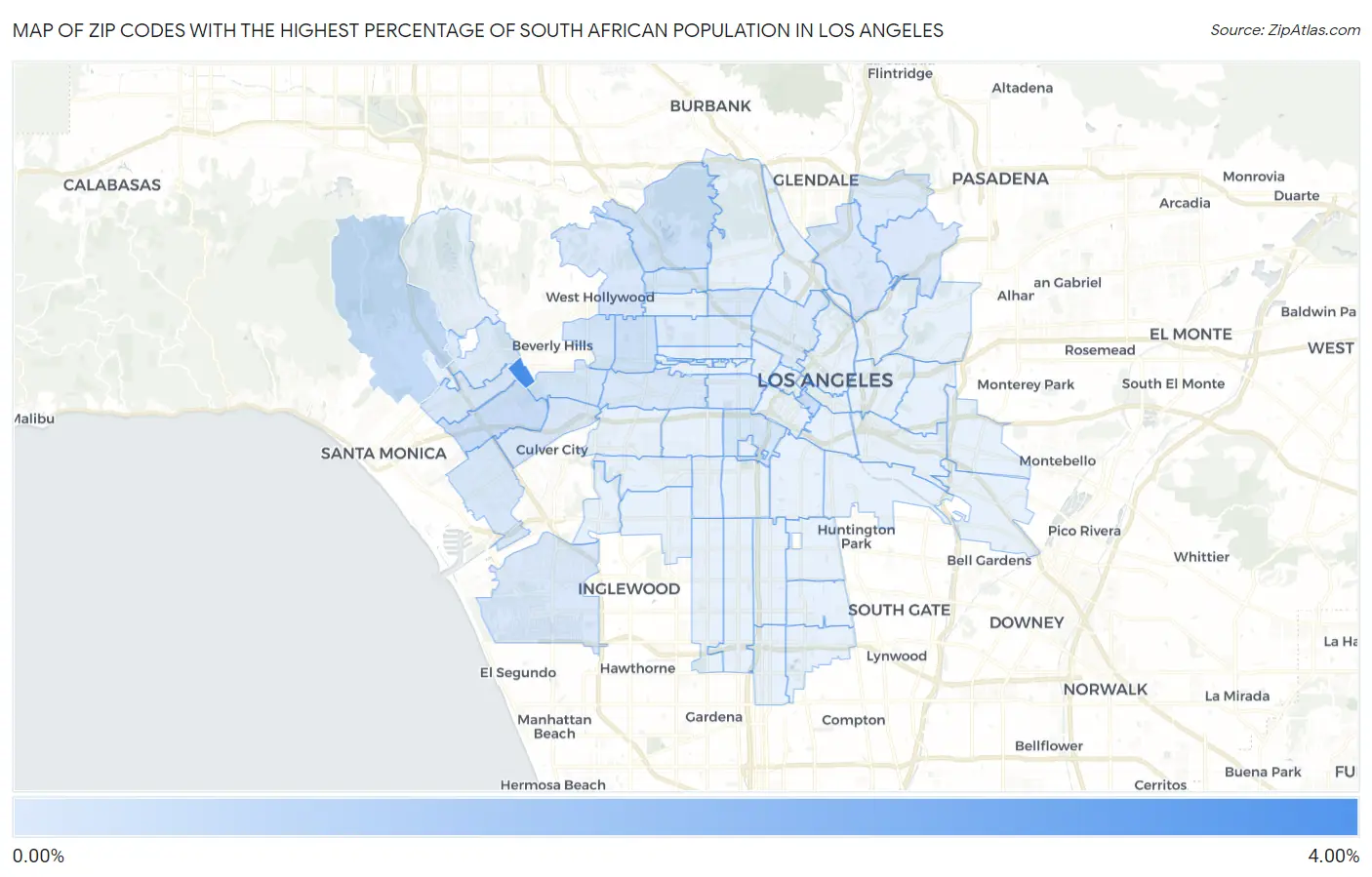Zip Codes with the Highest Percentage of South African Population in Los Angeles Map