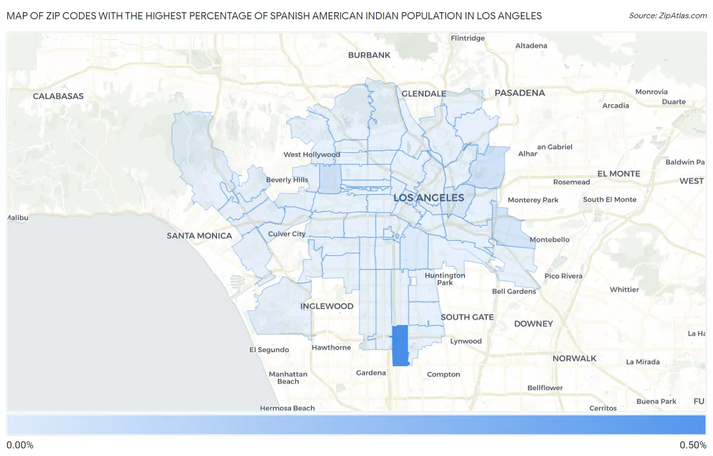 Zip Codes with the Highest Percentage of Spanish American Indian Population in Los Angeles Map