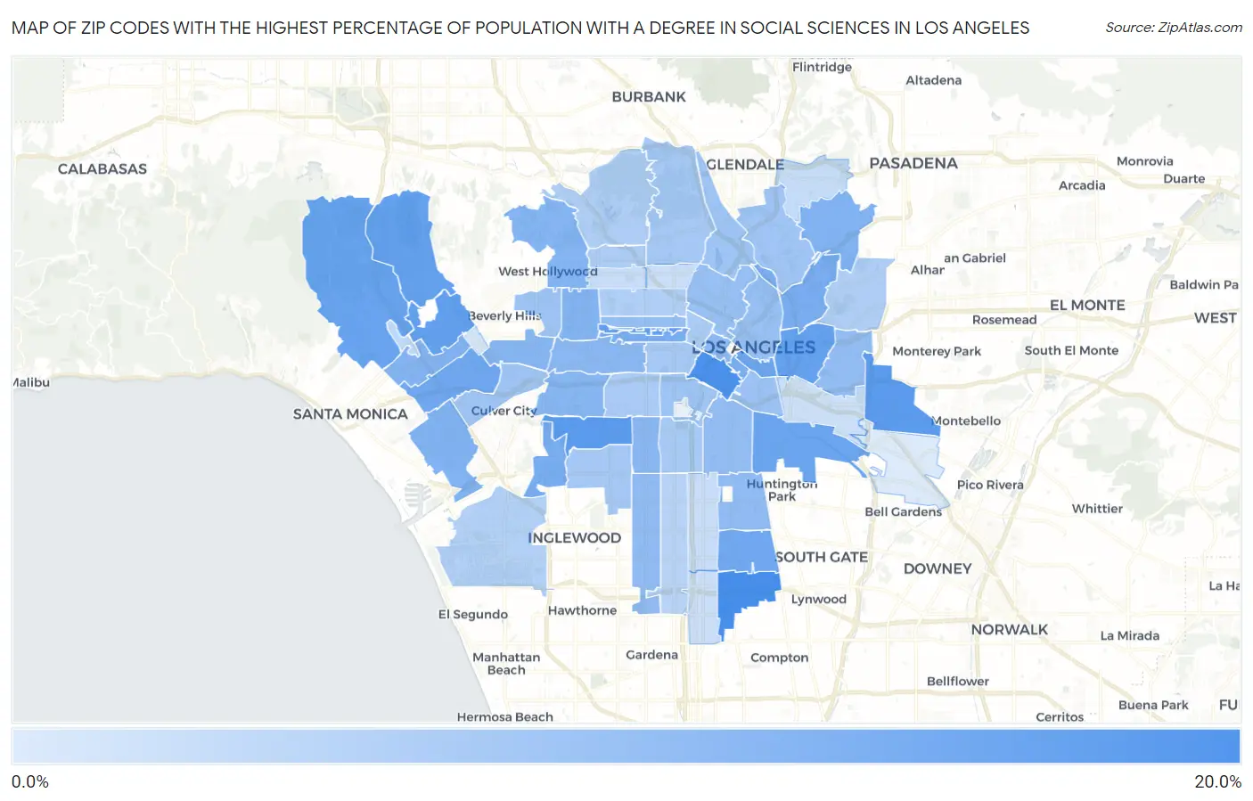 Zip Codes with the Highest Percentage of Population with a Degree in Social Sciences in Los Angeles Map