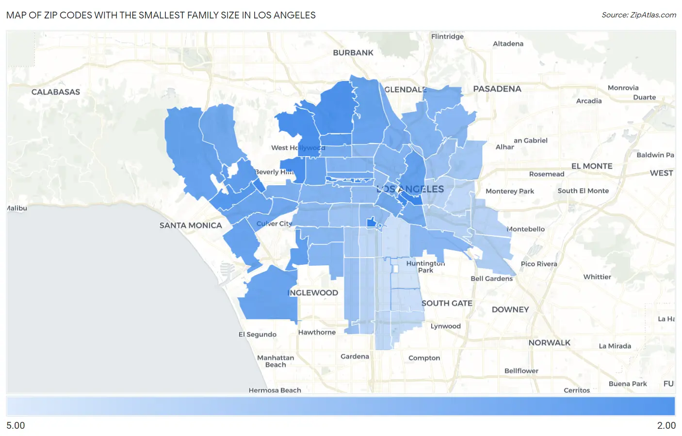 Zip Codes with the Smallest Family Size in Los Angeles Map