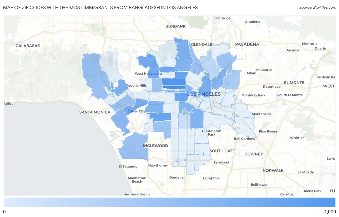Zip Codes with the Most Immigrants from Bangladesh in Los Angeles Map