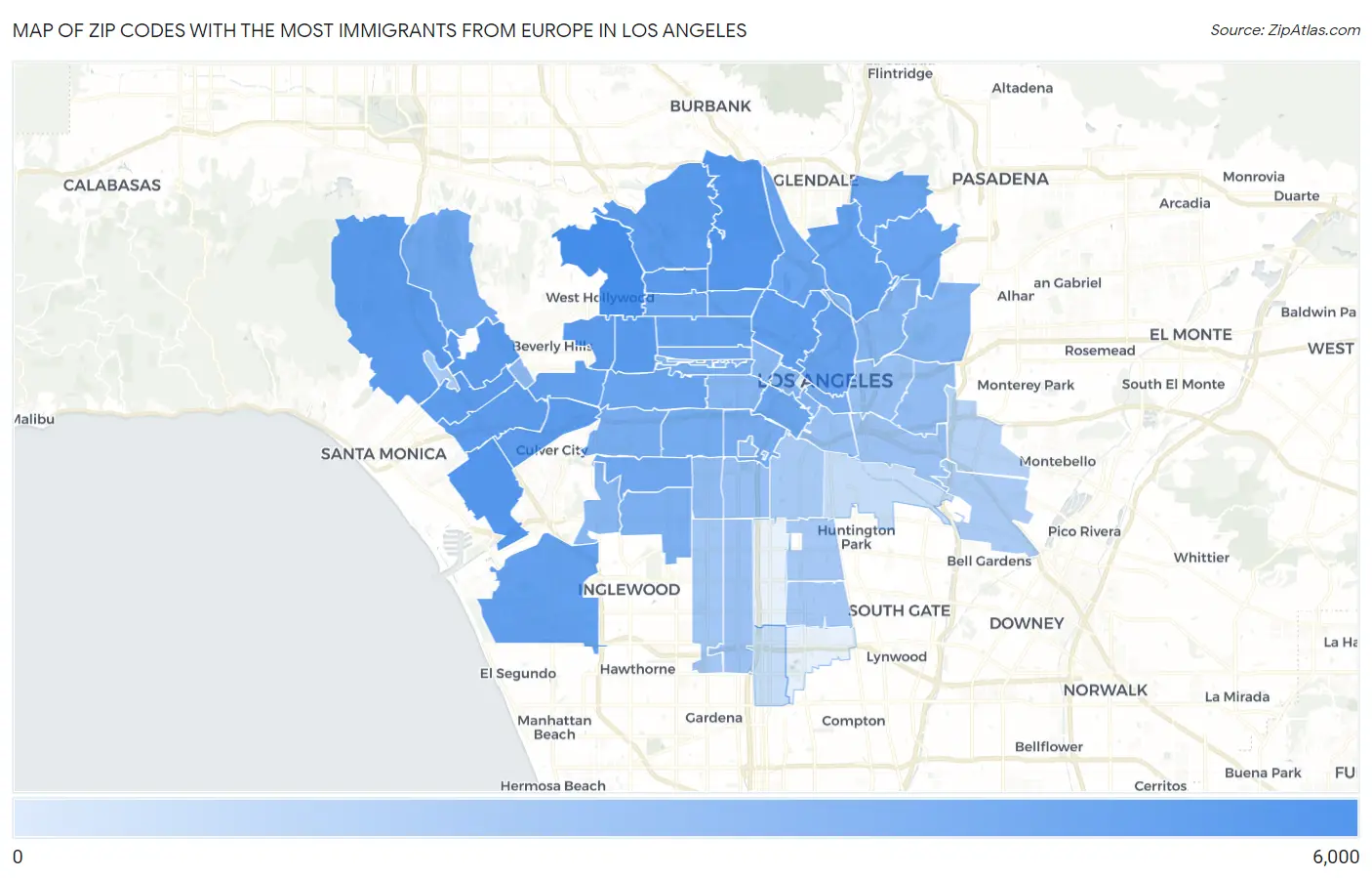 Zip Codes with the Most Immigrants from Europe in Los Angeles Map