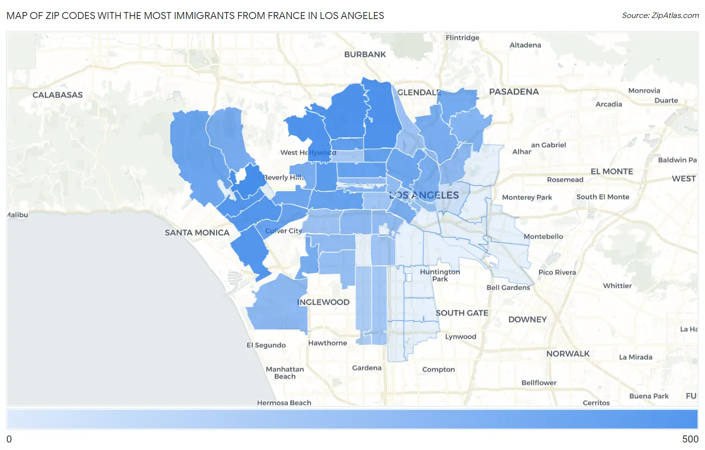 Zip Codes with the Most Immigrants from France in Los Angeles Map