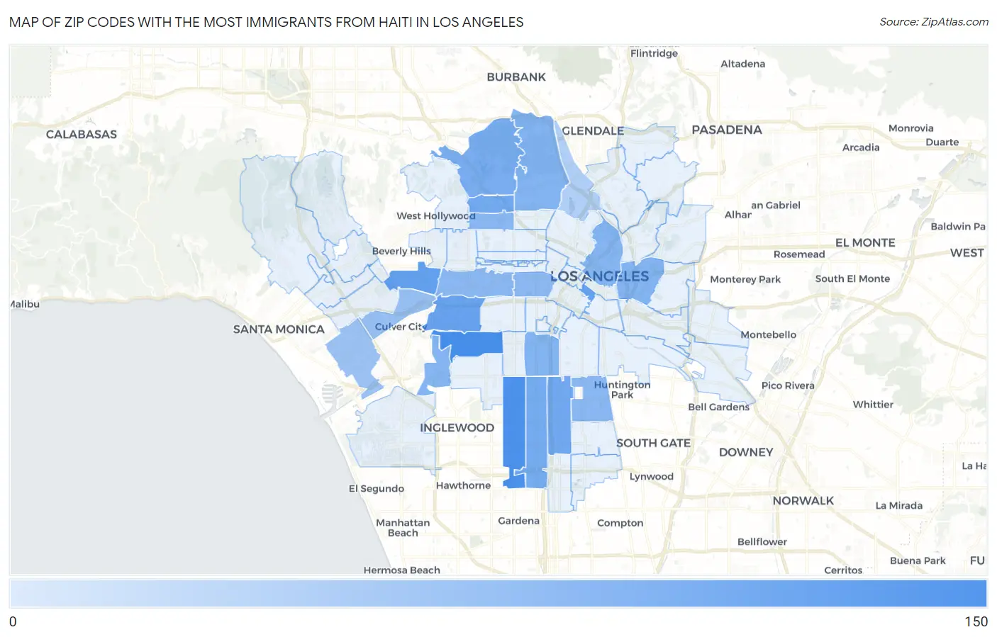 Zip Codes with the Most Immigrants from Haiti in Los Angeles Map
