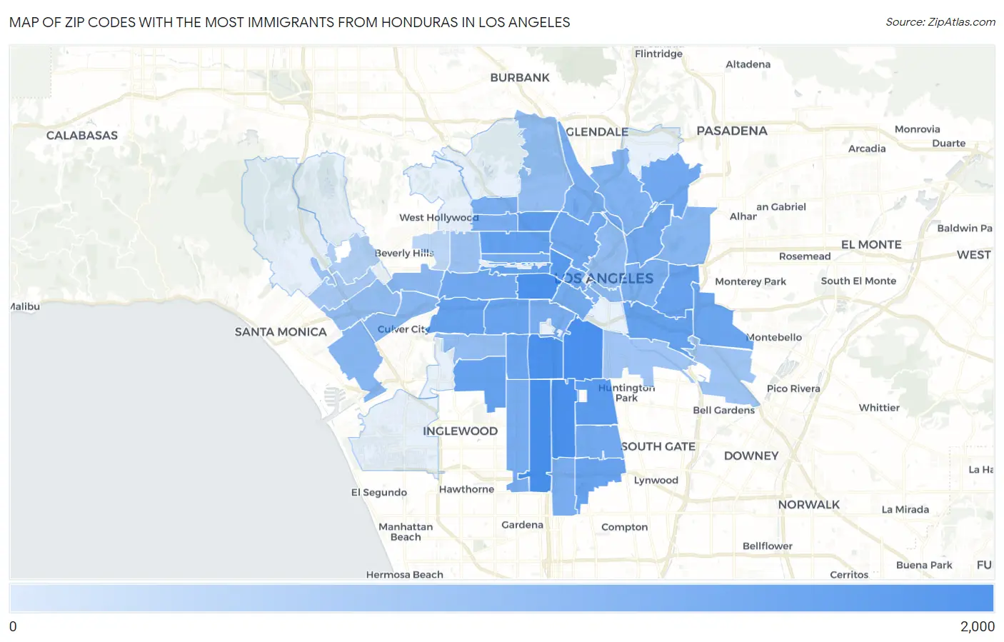 Zip Codes with the Most Immigrants from Honduras in Los Angeles Map