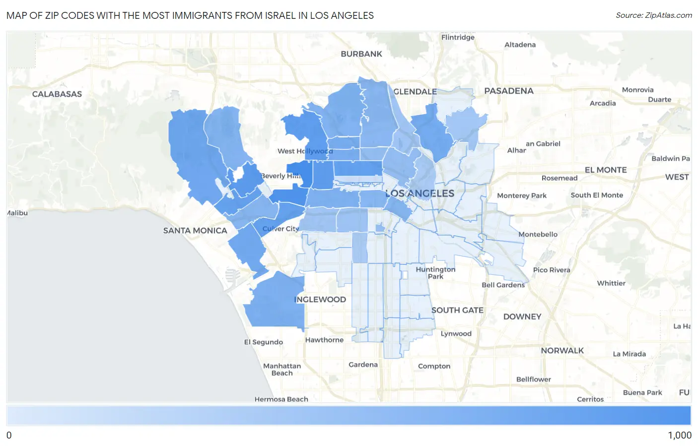 Zip Codes with the Most Immigrants from Israel in Los Angeles Map