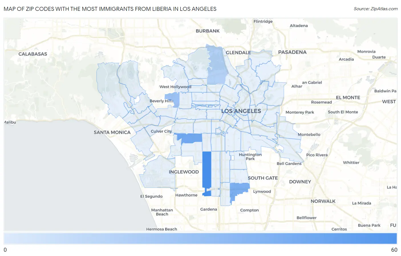 Zip Codes with the Most Immigrants from Liberia in Los Angeles Map