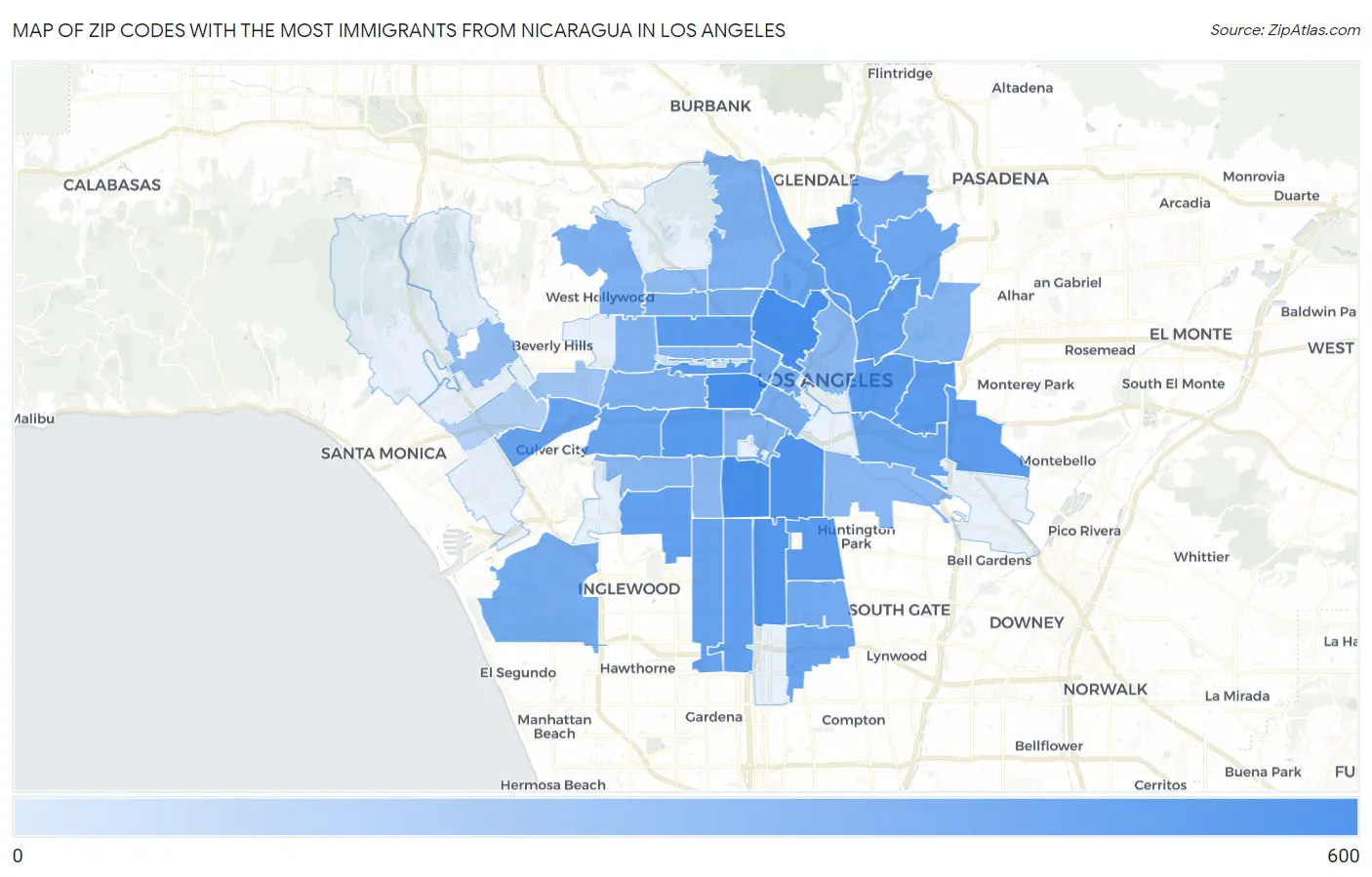 Zip Codes with the Most Immigrants from Nicaragua in Los Angeles Map