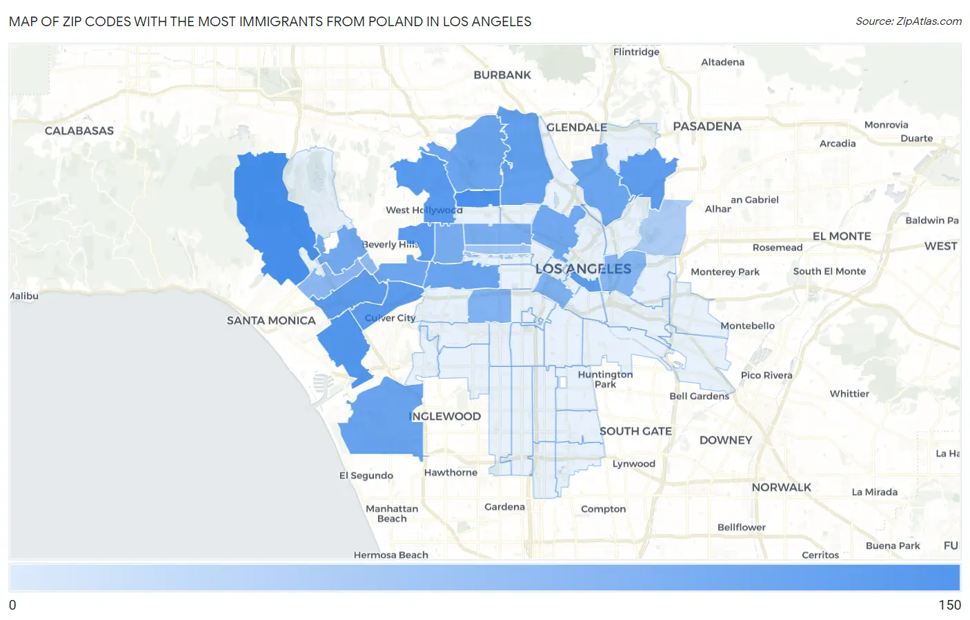 Zip Codes with the Most Immigrants from Poland in Los Angeles Map