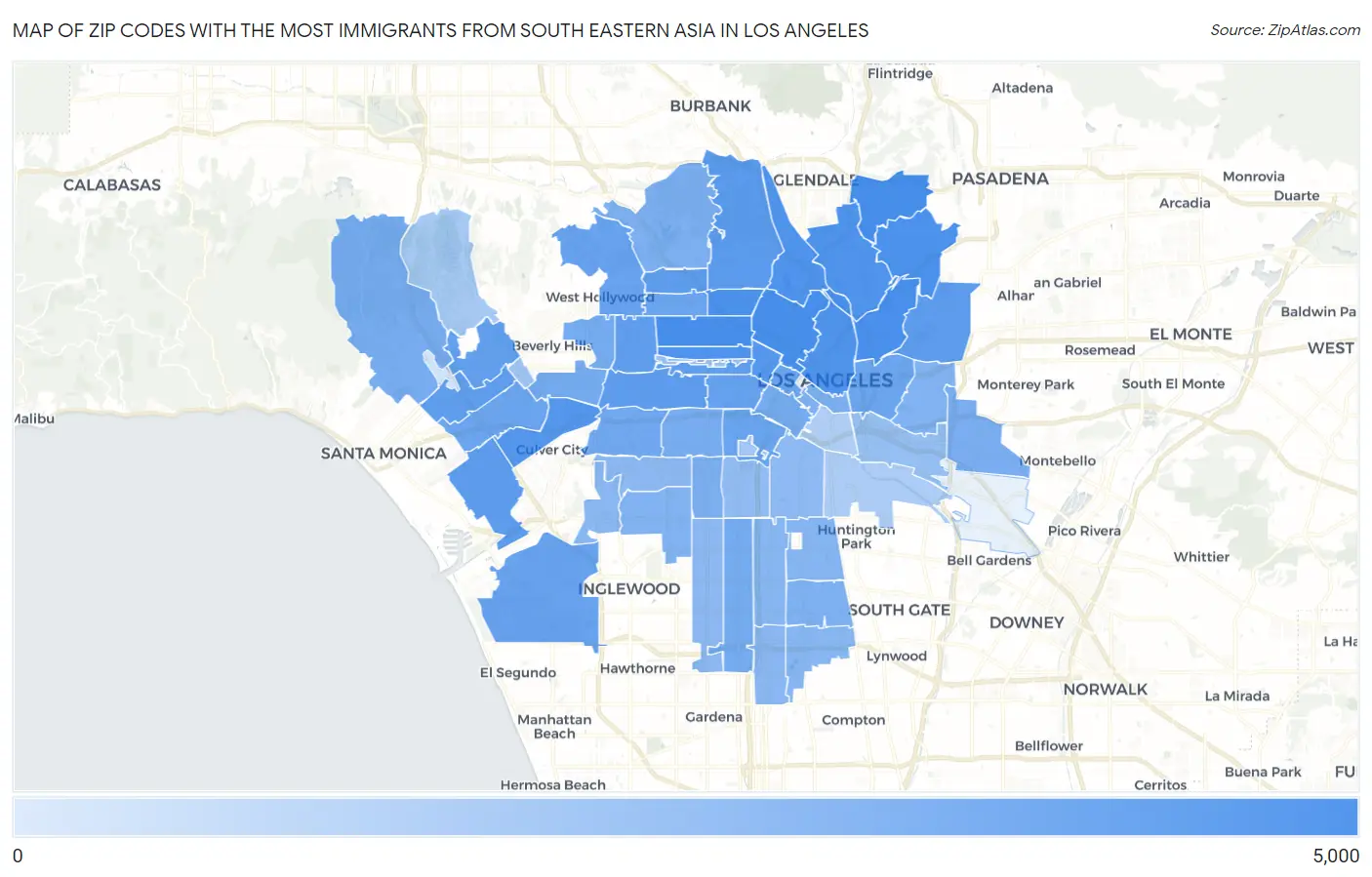 Zip Codes with the Most Immigrants from South Eastern Asia in Los Angeles Map