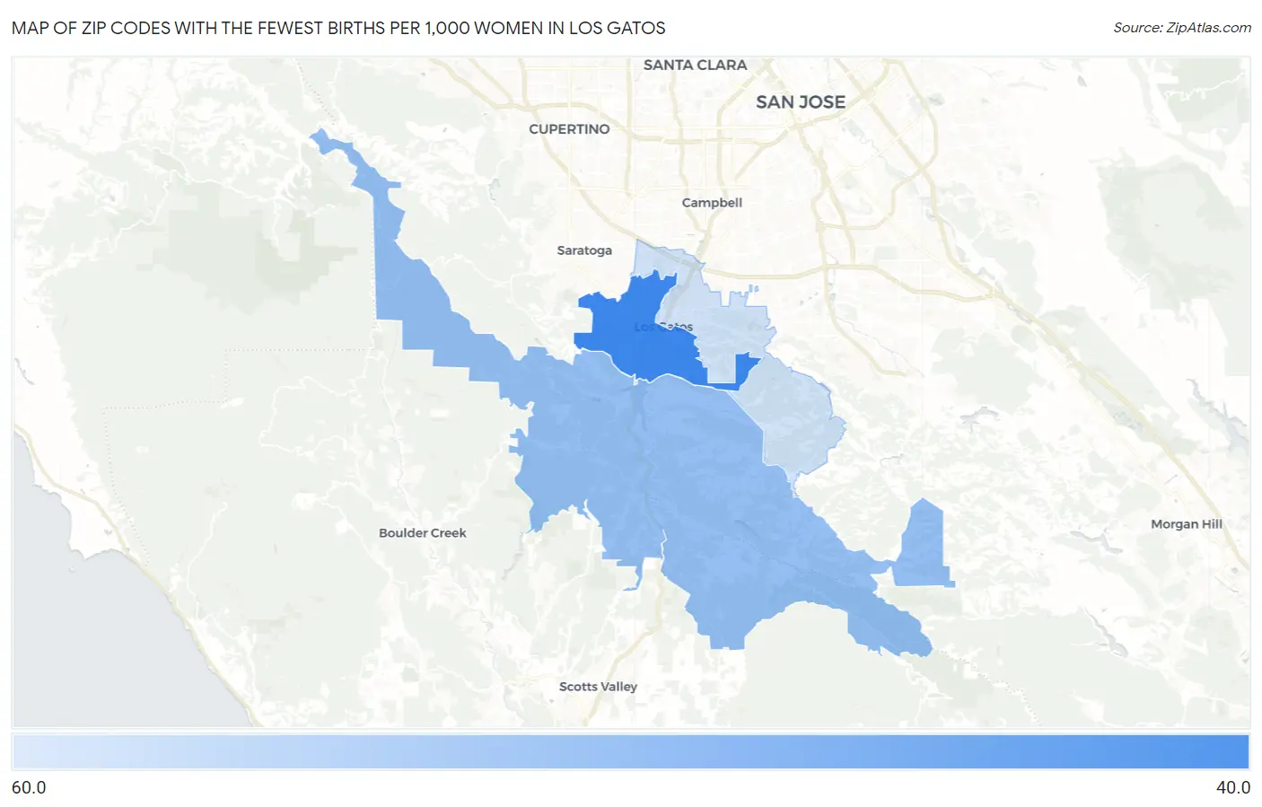 Zip Codes with the Fewest Births per 1,000 Women in Los Gatos Map