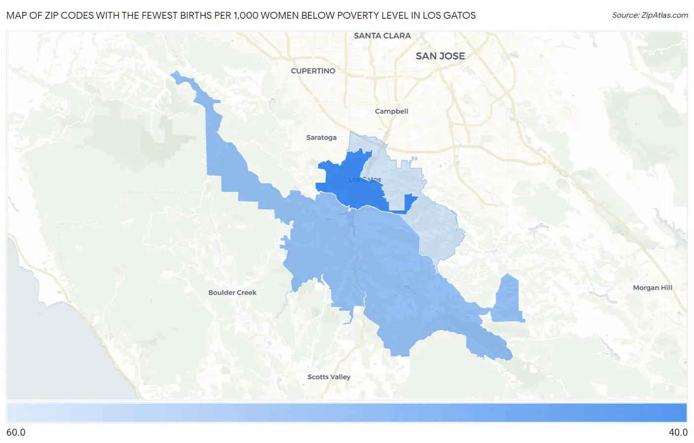 Zip Codes with the Fewest Births per 1,000 Women Below Poverty Level in Los Gatos Map