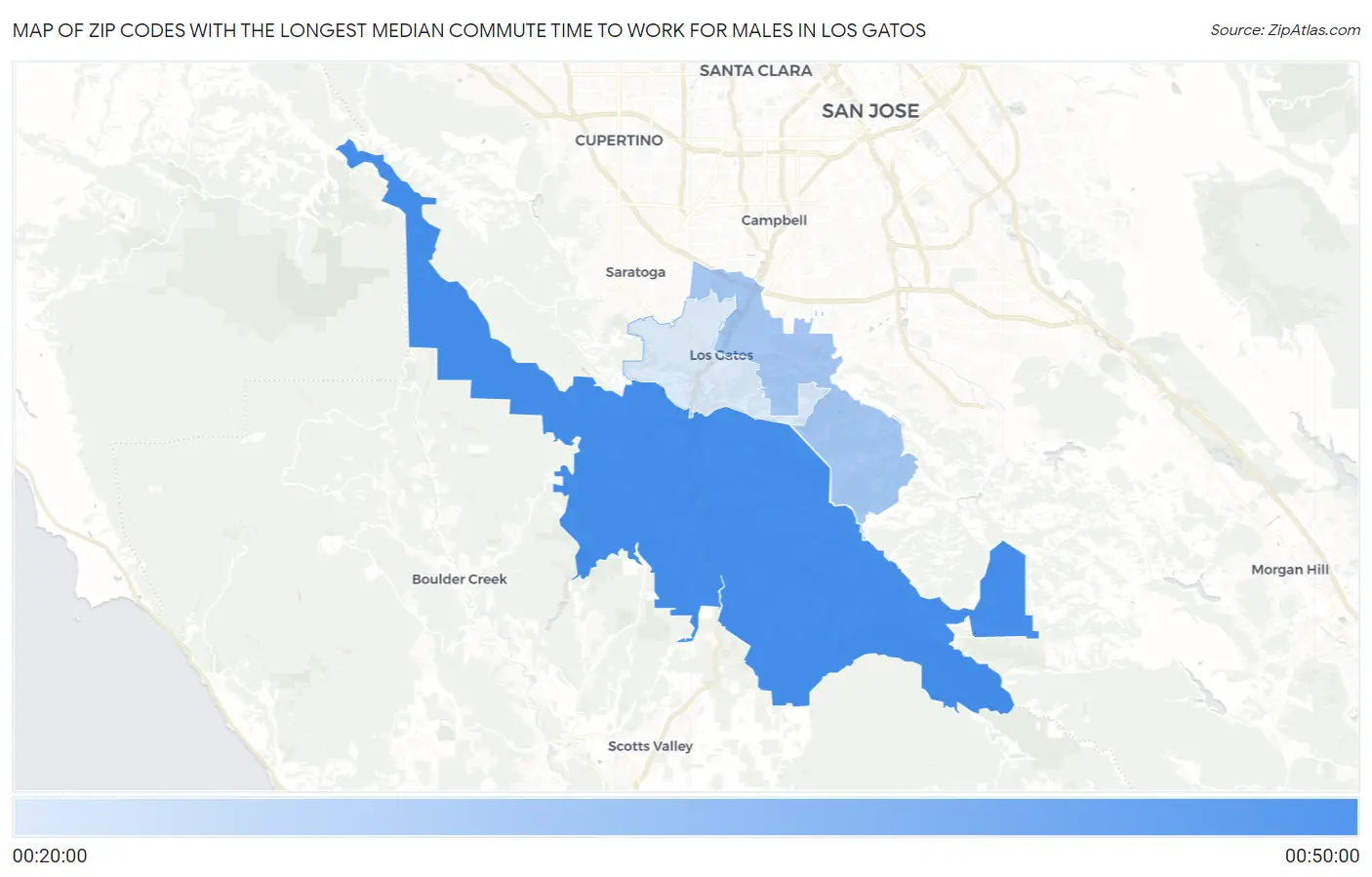 Zip Codes with the Longest Median Commute Time to Work for Males in Los Gatos Map