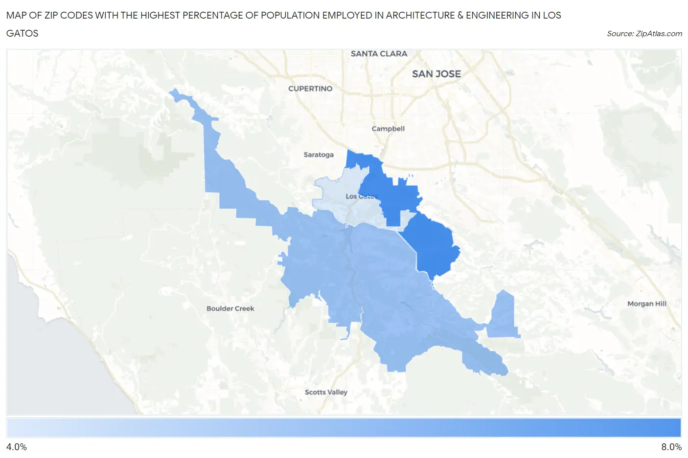 Zip Codes with the Highest Percentage of Population Employed in Architecture & Engineering in Los Gatos Map