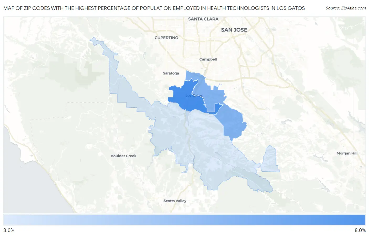 Zip Codes with the Highest Percentage of Population Employed in Health Technologists in Los Gatos Map