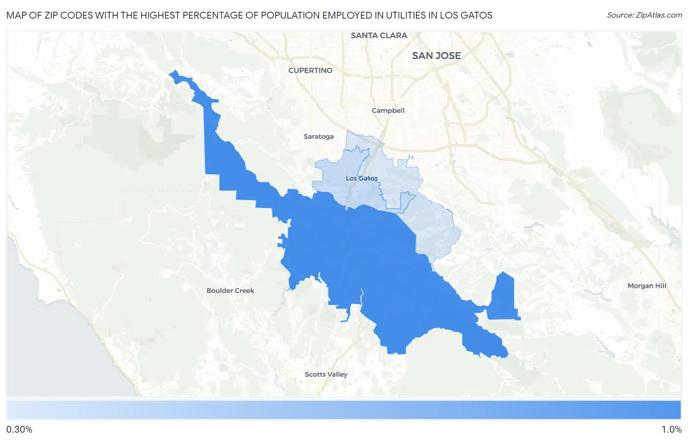 Zip Codes with the Highest Percentage of Population Employed in Utilities in Los Gatos Map