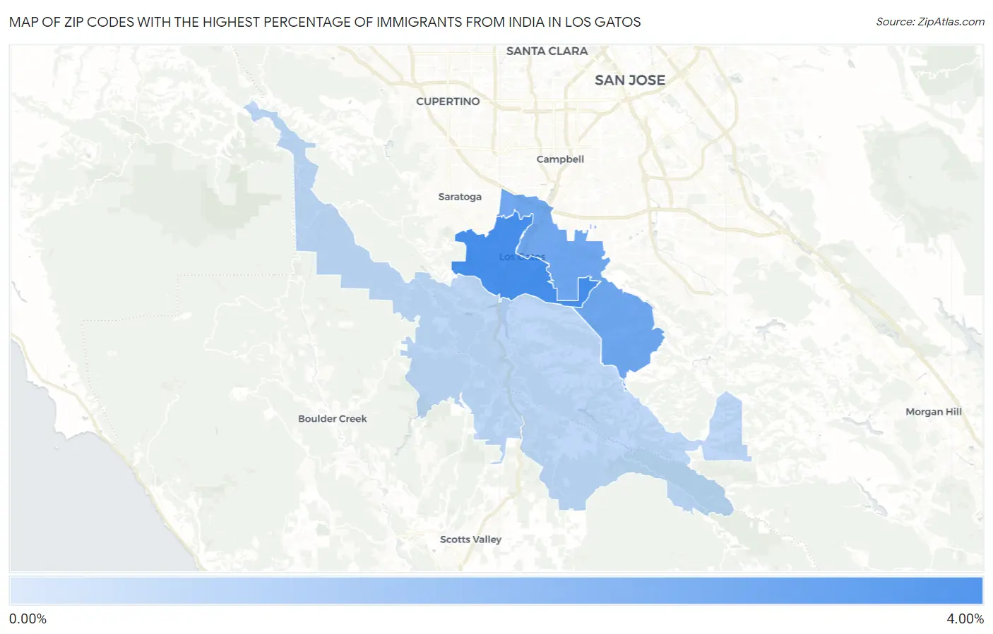 Zip Codes with the Highest Percentage of Immigrants from India in Los Gatos Map