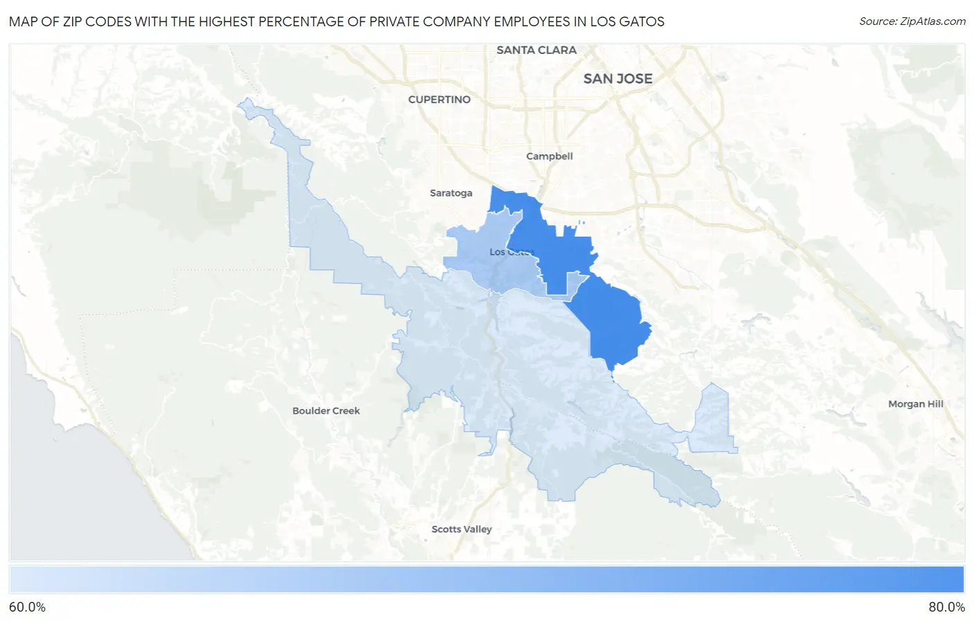 Zip Codes with the Highest Percentage of Private Company Employees in Los Gatos Map