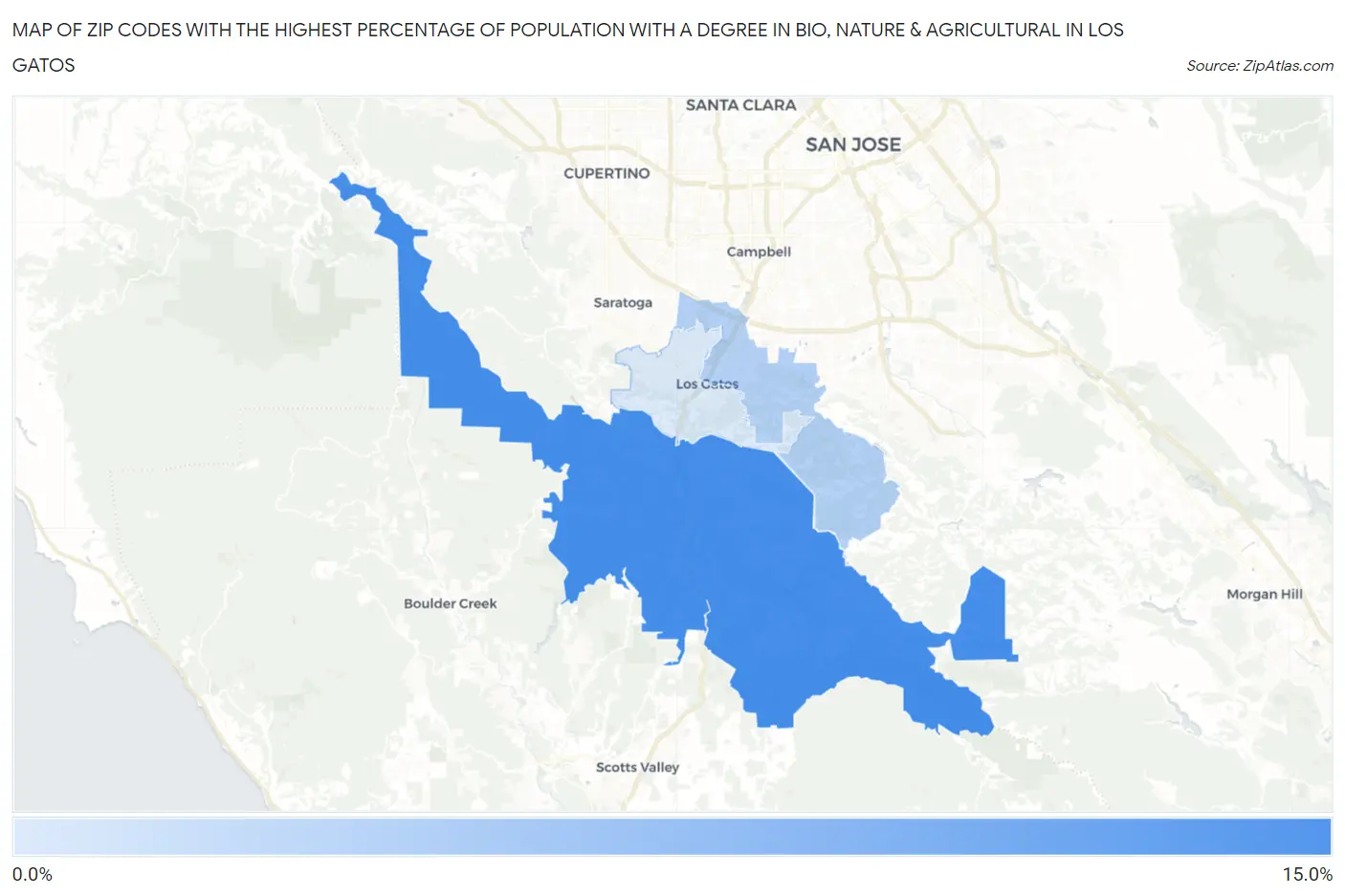 Zip Codes with the Highest Percentage of Population with a Degree in Bio, Nature & Agricultural in Los Gatos Map