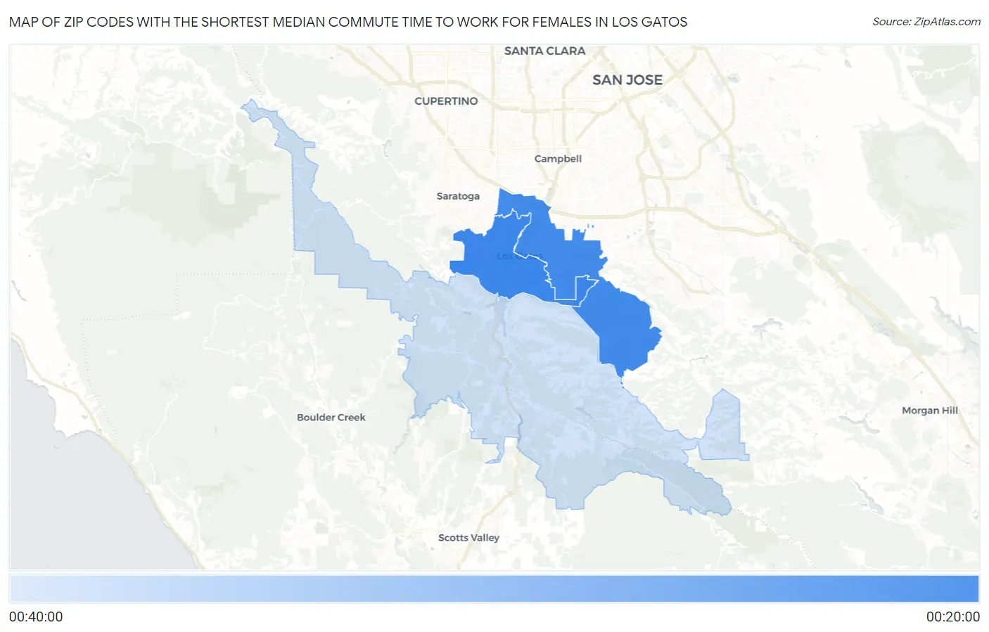 Zip Codes with the Shortest Median Commute Time to Work for Females in Los Gatos Map