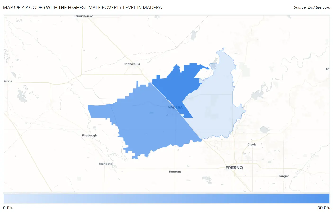 Zip Codes with the Highest Male Poverty Level in Madera Map