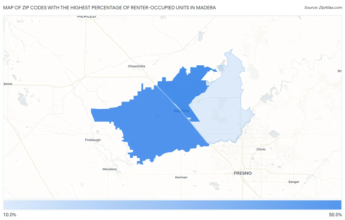 Zip Codes with the Highest Percentage of Renter-Occupied Units in Madera Map
